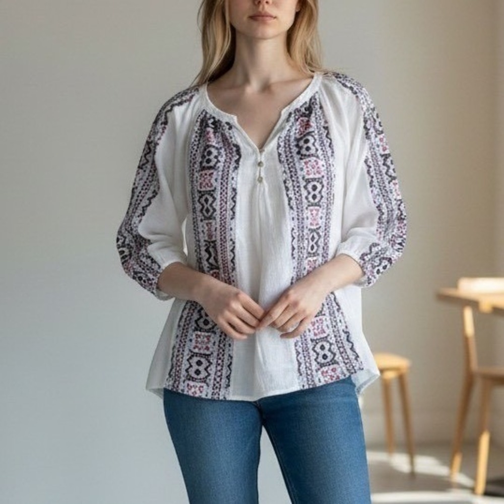 Figueroa & Flower Peasant Blouse Womens PL White Excellent Embroidered 3/4 Slv